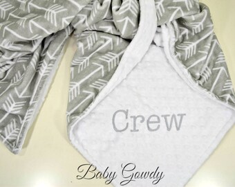 Personalized Minky Baby Blanket - Silver Archer Minky - Snow White Minky Dimple Dot - Arrow Minky Blanket - Custom Baby Blanket - Monogram