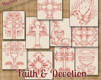 Redwork Faith & Devotion Machine Embroidery Patterns / Designs - 6 Sizes - 10 Designs - 2 Sizes Each - Religious Christian Jesus Church