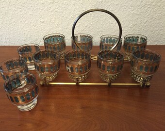 Set of 9 Mid Century Modern Barware Vintage Tumblers with Holder