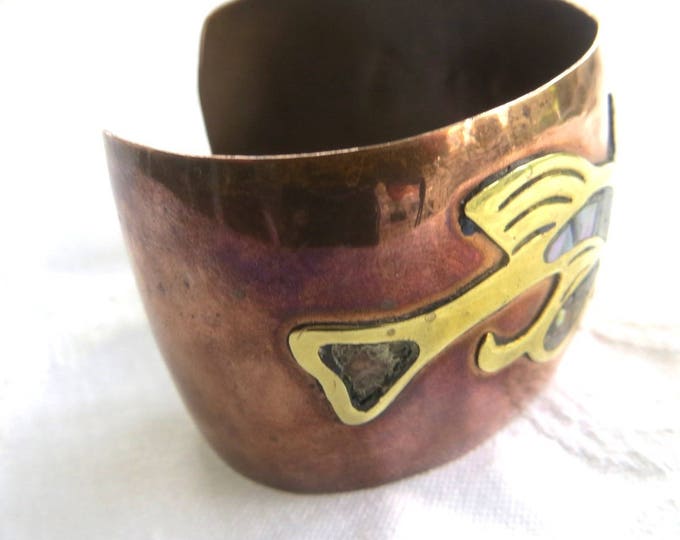 Vintage Copper Cuff Bracelet, Brass and Abalone Inlay, Boho Bracelet