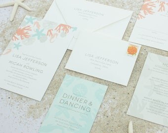 Beach Wedding Invitations, Destination Wedding Invite, Casual Wedding Invitations with Sea Shells, Sand Dollar Invitation SAMPLE