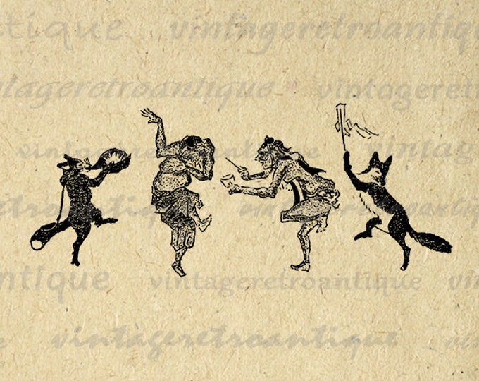 Digital Dancing Foxes Image Graphic Illustrated Printable Download Vintage Clip Art Jpg Png Eps HQ 300dpi No.1685