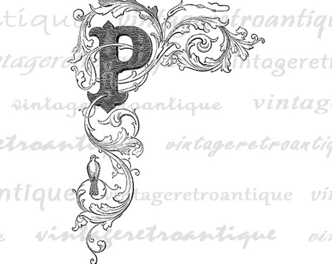 Elegant Letter P Digital Graphic Image Floral Design Printable Download Antique Clip Art Jpg Png Eps HQ 300dpi No.795