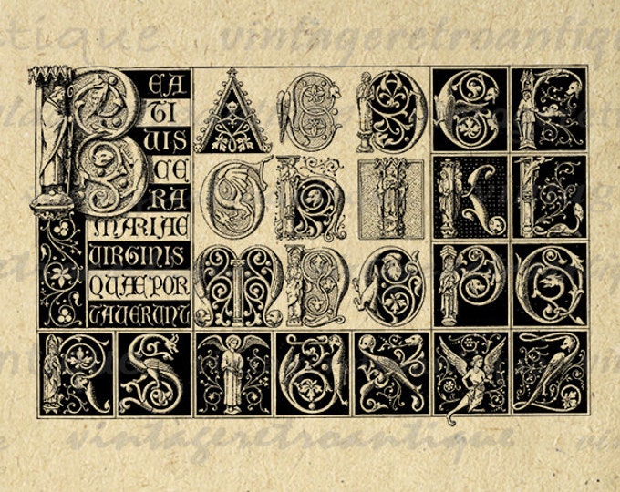 Antique Medieval Alphabet Printable Graphic Download Collage Sheet Image Ornate Letters Digital Vintage Clip Art HQ 300dpi No.186