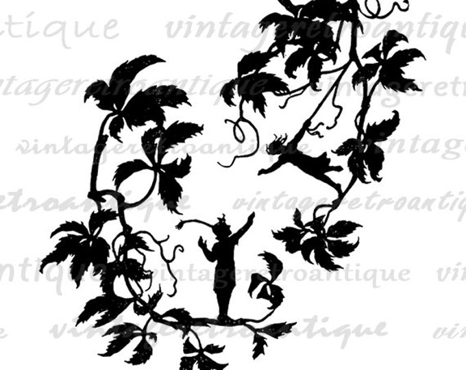 Printable Digital Fairies on Tree Branch Silhouette Graphic Download Image Vintage Clip Art Jpg Png Eps HQ 300dpi No.2098