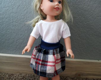 Handmade for 14.5" Wellie Wisher Doll Clothes Plaid Flannel Skirt & Tee 2pc. outfit Red White Blue
