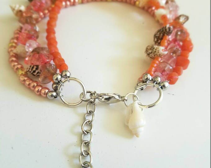 Orange Salmon Beaded Seashell Multistrand Bracelet
