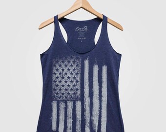 AMERICAN FLAG Women Tank Top Bella Canvas Triblend Racerback Tank Top Hand Screen Print