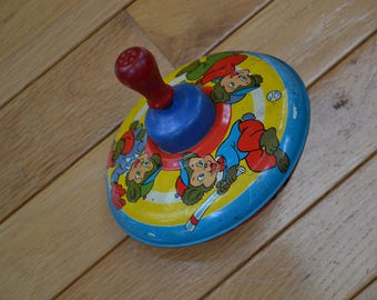 Vintage Ohio Art Company Metal Spinning Toy Top, Bears Playing Baseball