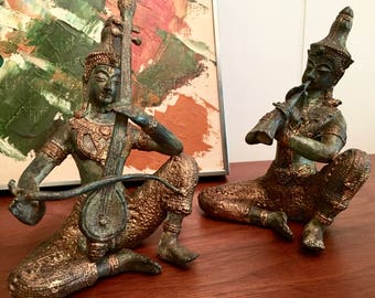 Set of Two Vintage Thai Temple Musicians Bronze/Brass Sculptures with Gold Detail Solid Metal Statues