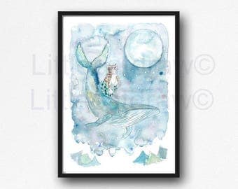Cat Mermaid and Humpback Whale Moon Watercolor Illustration Wall Art Print Watercolor Painting Whale Cat Art Print Purrmaid Meomaid Mercat