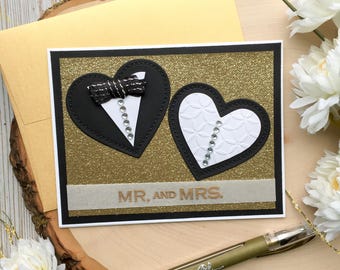 Gold Wedding Card, Handmade Wedding Card, Mr and Mrs, Hearts, Greeting Cards, Handmade Card, Wedding, Wedding Dress, Tuxedo, Gold Foil