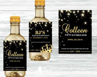 Black and Gold Wine Bottle Labels, Wedding Labels, Birthday Labels - Digital File or Printed Mini Labels