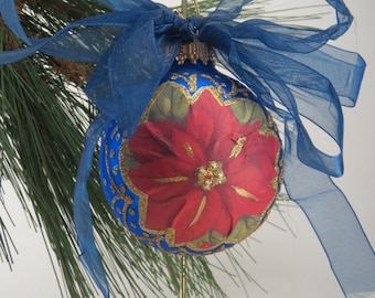 Handmade Ornament, Blue Christmas Ball, Poinsettia Christmas Ornament, Gift Under 10, Hand-painted
