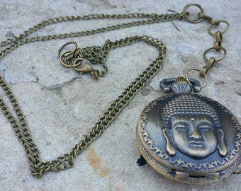 Pocket Watch in long necklace, Buddha, zen, bronze antique