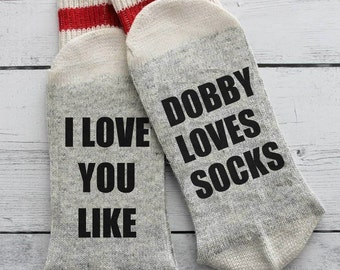 Harry Potter, Dobby, funny socks, if you can read this, I love you, mom, dad, grandpa, birthday, beer socks, Dobby loves socks