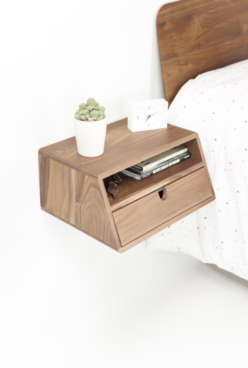Walnut Floating Nightstand Bedside Table Drawer In Solid Walnut Mid Century Modern