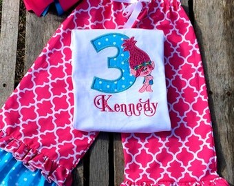 Girls Poppy Troll Birthday Shirt or Outfit with Pants, Skirt, Shorts or Capris