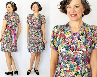 1930s Dress / 30s Dress / Chiffon Dress / Bright Floral Dress / 1930s Day Dress / 30s Day Dress / Day Dress / 1940s Dress / 40s Dress / W 27