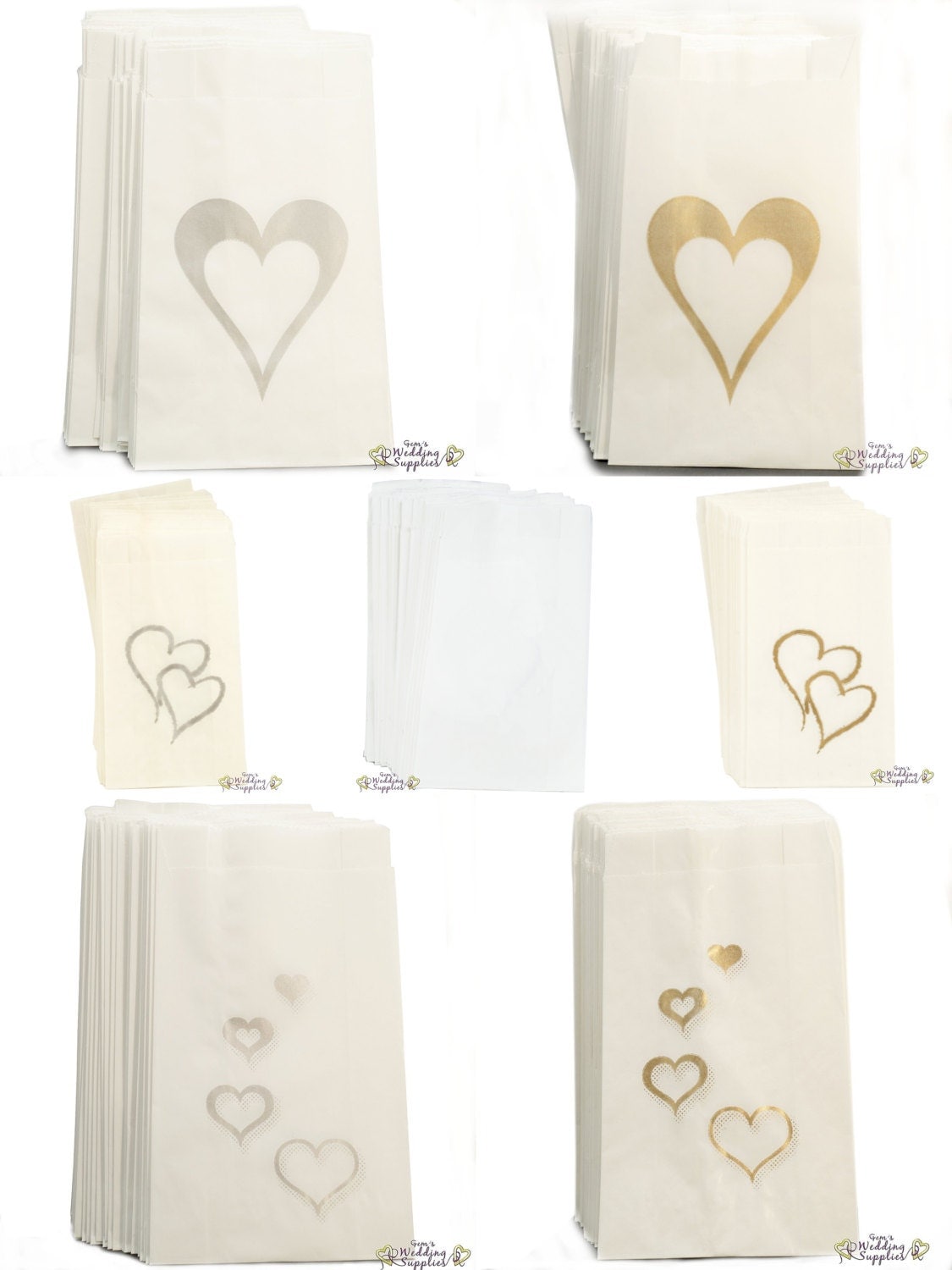 50 x Wedding Cake Bags  Silver or Gold Hearts Decoration