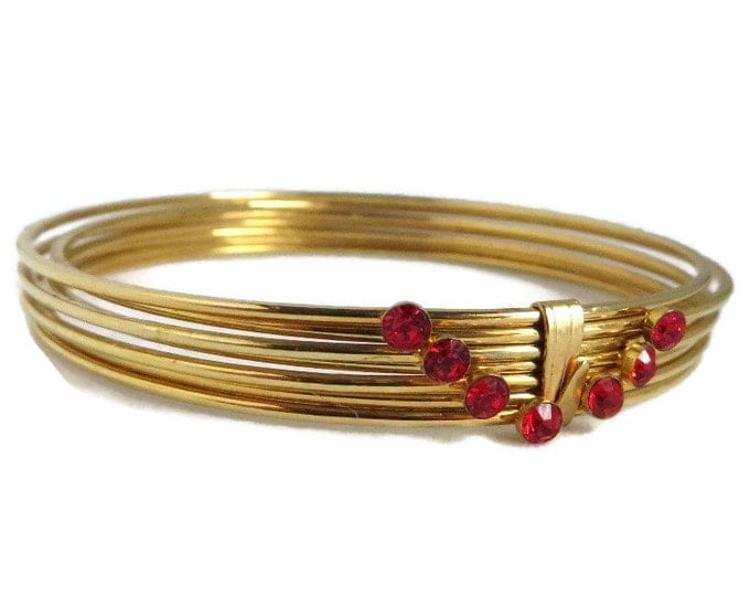 Multistrand Gold Tone Rhinestone Bangle, Vintage Red Rhinestone Studded Bracelet, FREE SHIPPING