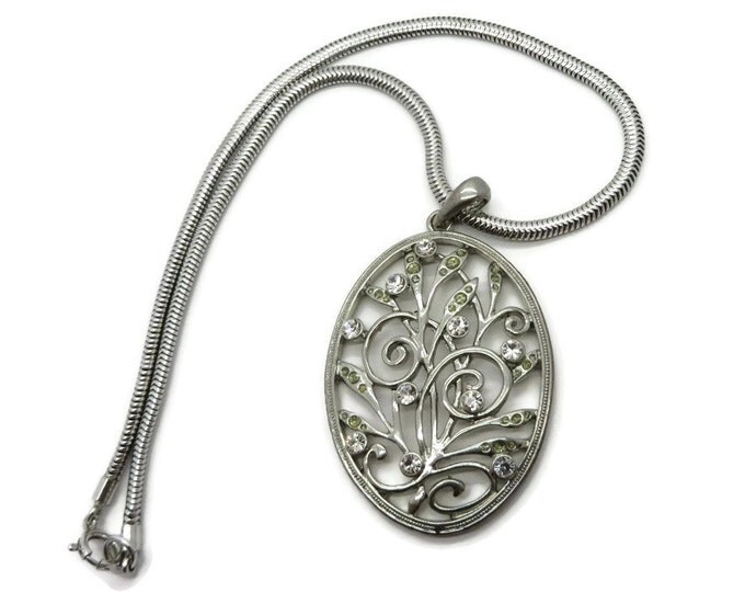 Oval Filigree Pendant, Vintage Silver Tone Rhinestone Flowering Pendant, Snake Chain Necklace