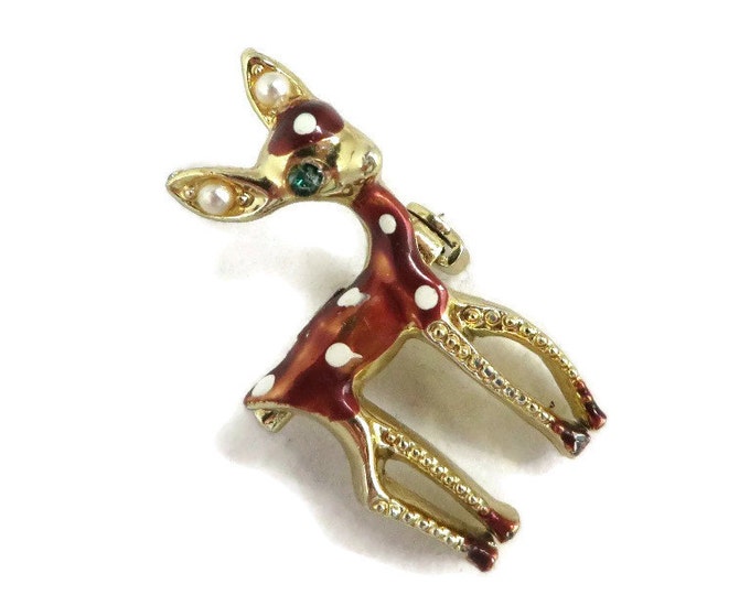 Vintage Pin - Baby Deer Brooch, Christmas Doe Pin, Faux Pearl and Enamel Deer Animal Pin