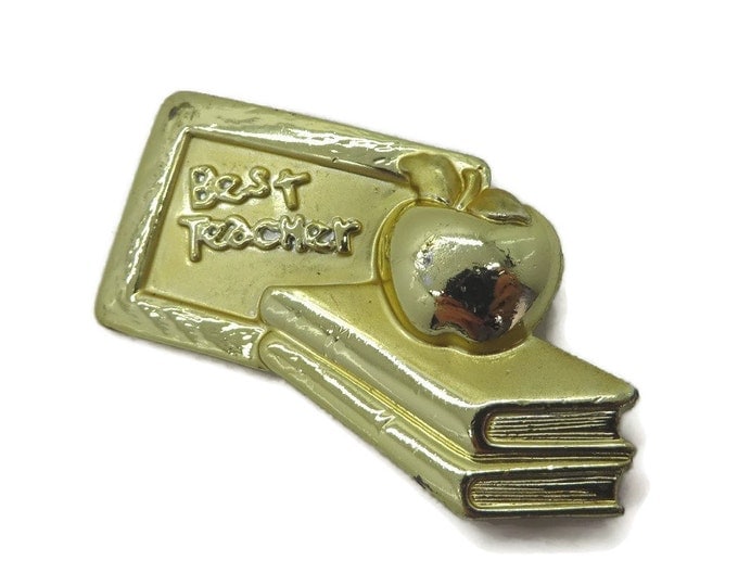 AJC Best Teacher Brooch, Gold Tone Plaque with Apple and Books Pin