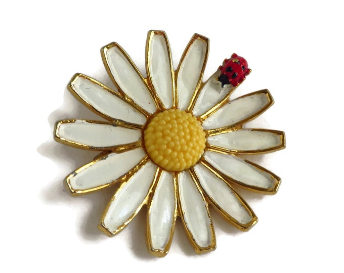 Vintage Weiss Gold Tone Daisy Brooch with Ladybug, Enamel Designer Pin