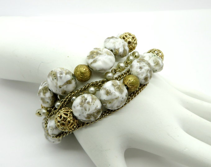 Vintage Kramer White and Gold Beaded Multistrand Bracelet