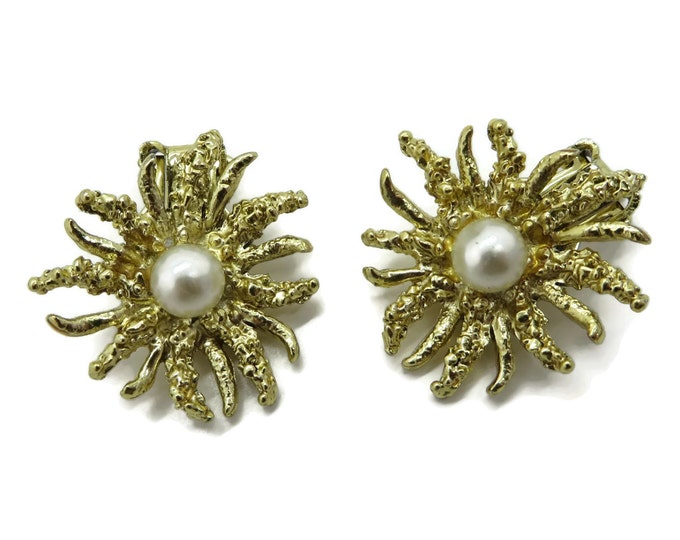 Sunburst Goldtone Earrings, Vintage Faux Pearl Earrings, Spiky Clip-on Earrings