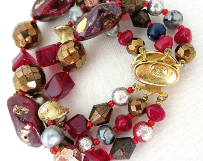 Bracelet, Glass Bead Bracelet, Signed Hattie Carnegie Jewelry, Vintage Jewellery, Triple Strand Beaded Designer Bracelet, Gift for Her