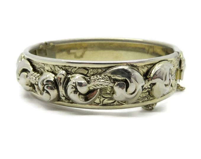 Vintage Bangle Bracelet Gold Tone Hinged Bracelet, Scrolled Bangle Safety Chain Costume Jewelry Gift Idea