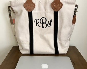 Laptop Bag - Monogrammed - Flight Bag - Leather Trim Shoulder Tote