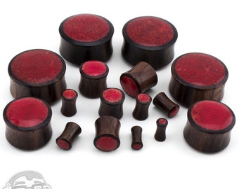 Wood Plugs With Coral Inlay - Sizes / Gauges (4G up to 1 & 1/4"Inch) - Sold in Pairs