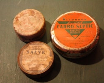 Three Vintage Salve Cannisters. McConnon/Kline's/The Good Samaritian Ointment Co.