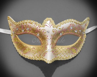 Gold Masquerade Mask with Light Pink Glitters, Bridal Masquerade Mask with Venetian Floral Designs w/ Lovely Macramé Lace Bordering
