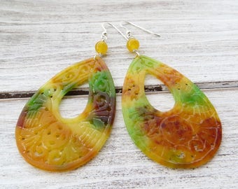 Carved jade earrings, orange and green jade earrings, 925 sterling silver earrings, drop earrings, dangle earrings, contemporary jewelry