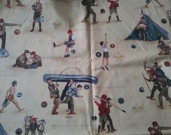 Closing Sale LIMITED Robert Kaufman Boy Scout Camping Activity Blue Trefoils Fleur De Lis Fabric RARE oop Vhtf 18X20