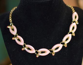 Vintage Pink Lucite AB Stone Collar Necklace; Gold Tone and Pink Necklace; Pink Lady Necklace