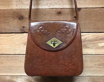 Vintage Tooled Leather Crossbody Bag Vtg Handcrafted Brown Leather Saddle Satchel Purse