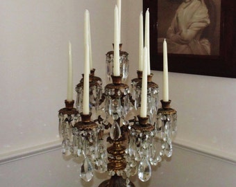 Antique French Bronze Candelabra Candelabrum LARGE 28" 19c Louis XV Rococo Candle Holders w/ Prisms Lusters Lustres Table Chandelier