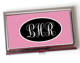 Monogram Business Card Case - Chevron Monogram Business Card Holder - Pink Business Card Case