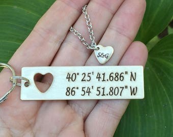 SALE PRICE Boyfriend Gift - Couples set-Custom Hand Stamped Coordinate Keychain with cut out heart necklace | Anniversary Gold Latitude & Lo