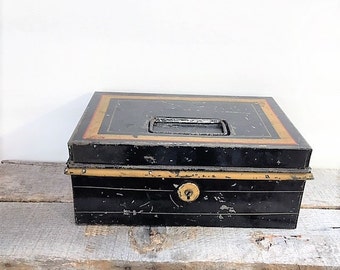 Vintage Metal Cash Box or Storage Container Black and Gold Rustic Decor