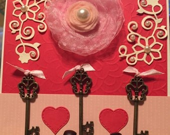 Pink Flower Card With Keys