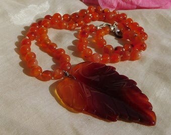 Carnelian Necklace with Carnelian Carved Leaf