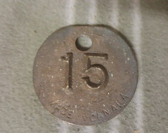 Vintage Double-Sided Heavy Brass Cattle/Livestock Tag #15. Raised Numbers. Patina.
