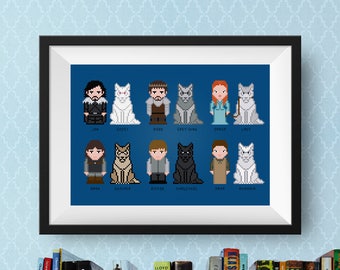 Game of Thrones Cross Stitch Pattern GOT | Cross Stitch Starks and Wolves | Arya Stark, Sansa Stark, Jon Snow, Bran Stark, Ghost, Nymeria
