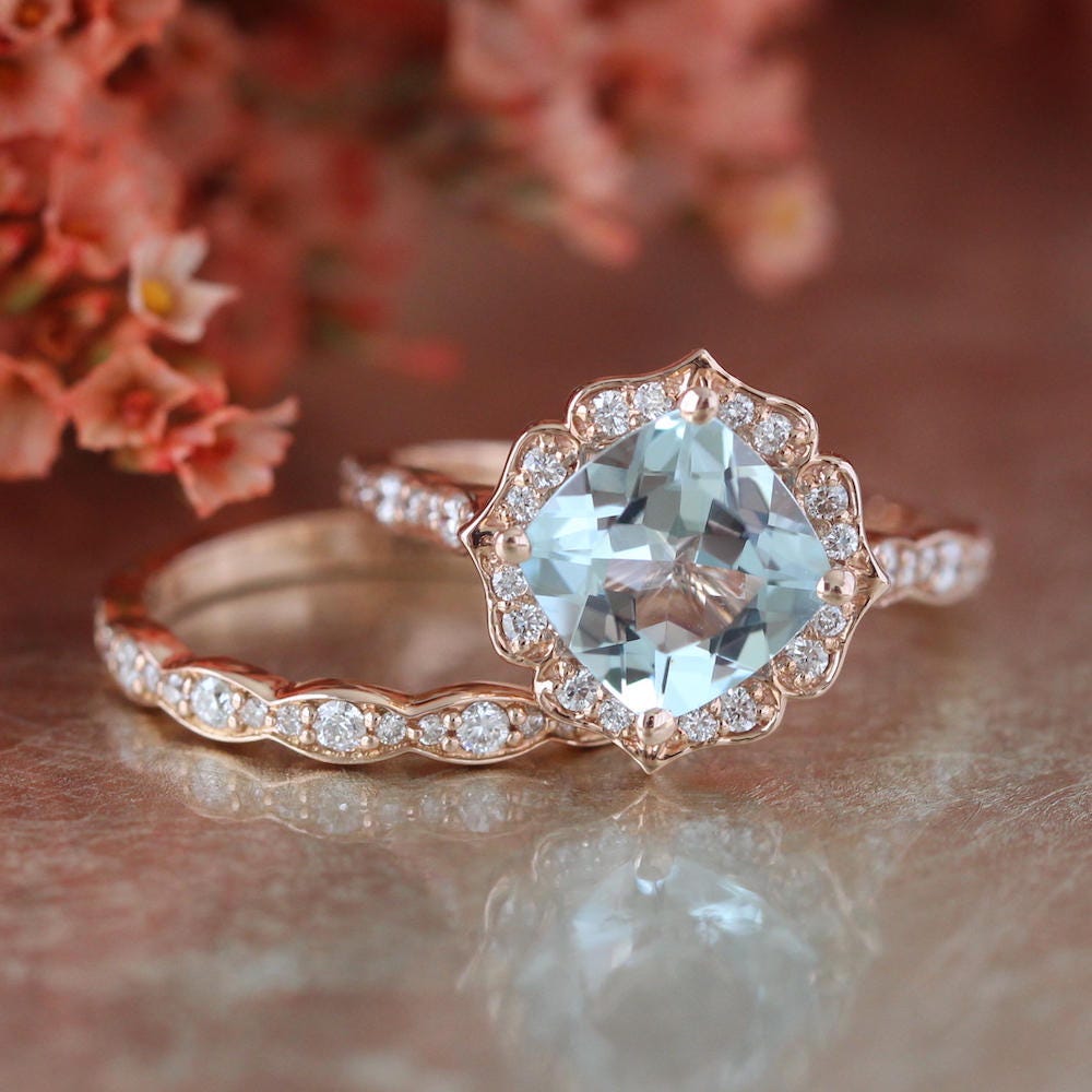 Vintage Floral Aquamarine Engagement Ring and Scalloped